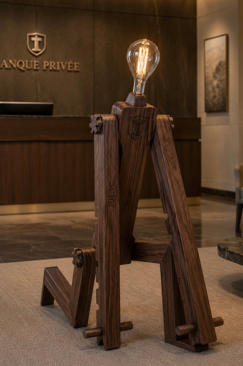 Julio Lux Temporis – Sculpture lumineuse articulée en bois suisse