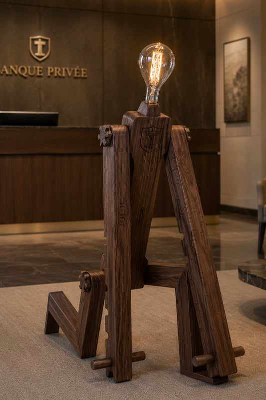 Julio Lux Temporis – Sculpture lumineuse articulée en bois suisse